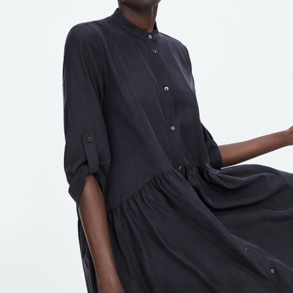 Zara Black Mini Flowy  Button-Up Dress Rolled Up Sleeves - Picture 3 of 10